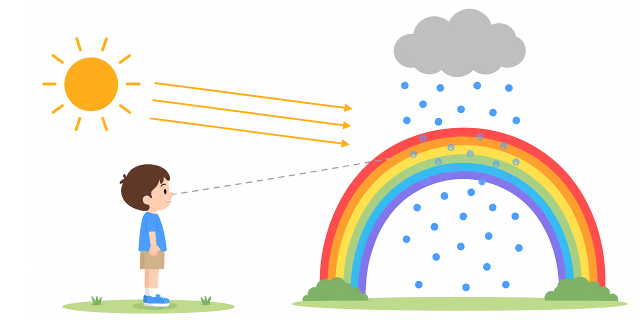 太陽を背にした子どもが、向こうの雨に出た虹のアーチを見ている様子